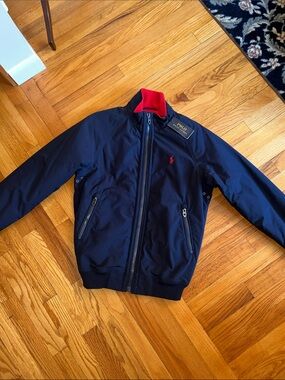 Polo by Ralph Lauren Navy Aviator Jacket Red Fleece Lining Men’s XS NEW